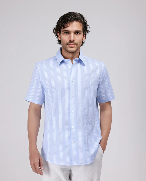 Rare Rabbit Men's Zark Pastel Blue Cotton Fabric Short Sleeve Spred Collar Button Closure Striped Shirt