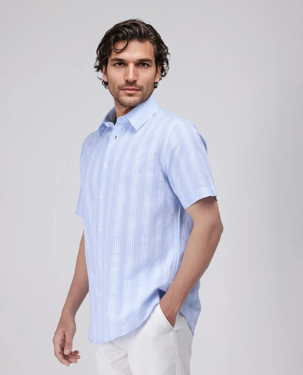Rare Rabbit Men's Zark Pastel Blue Cotton Fabric Short Sleeve Spred Collar Button Closure Striped Shirt