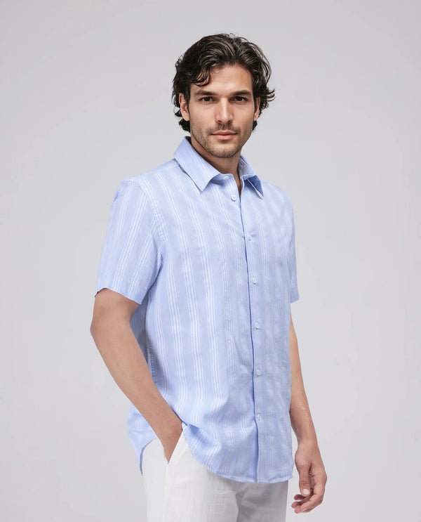 Rare Rabbit Men's Zark Pastel Blue Cotton Fabric Short Sleeve Spred Collar Button Closure Striped Shirt