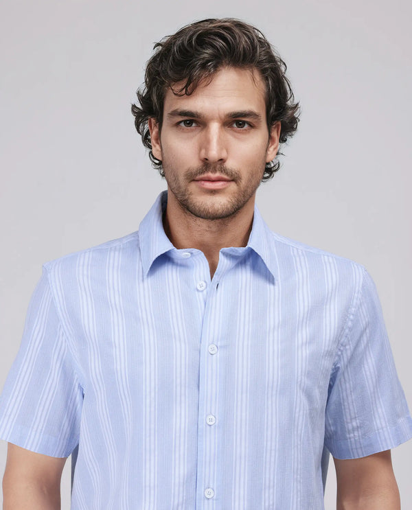 Rare Rabbit Men's Zark Pastel Blue Cotton Fabric Short Sleeve Spred Collar Button Closure Striped Shirt