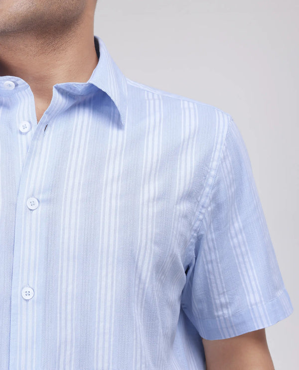 Rare Rabbit Men's Zark Pastel Blue Cotton Fabric Short Sleeve Spred Collar Button Closure Striped Shirt