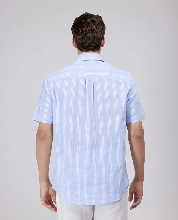 Rare Rabbit Men's Zark Pastel Blue Cotton Fabric Short Sleeve Spred Collar Button Closure Striped Shirt