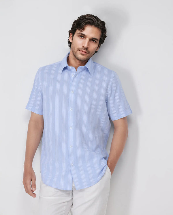 Rare Rabbit Men's Zark Pastel Blue Cotton Fabric Short Sleeve Spred Collar Button Closure Striped Shirt