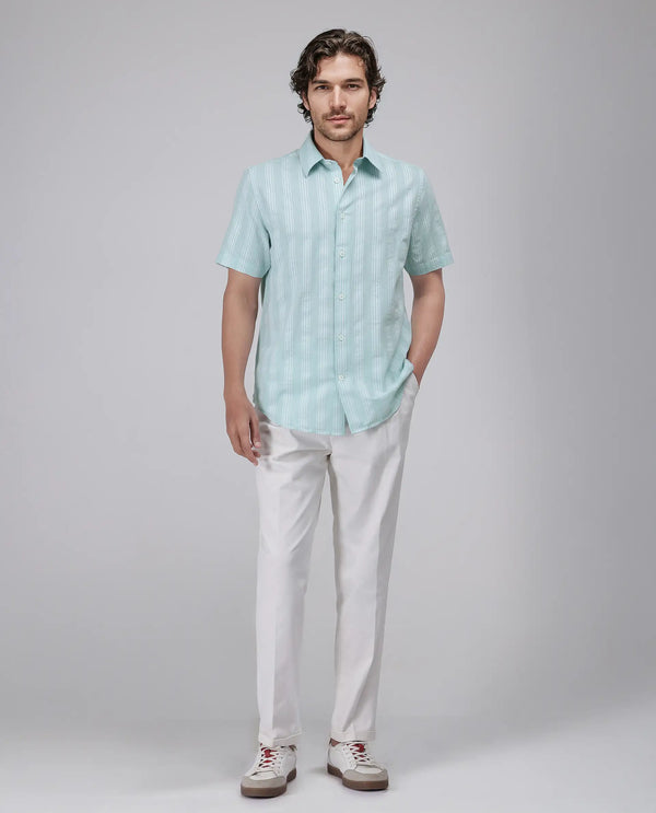 Rare Rabbit Men's Zark Pastel Green Cotton Fabric Short Sleeve Collared Neck Button Closure Striped Shirt