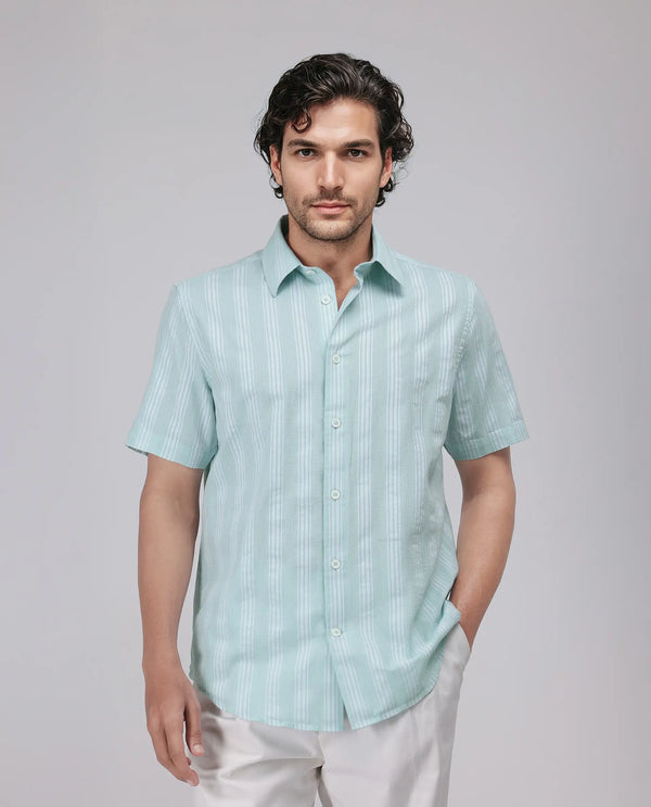Rare Rabbit Men's Zark Pastel Green Cotton Fabric Short Sleeve Collared Neck Button Closure Striped Shirt
