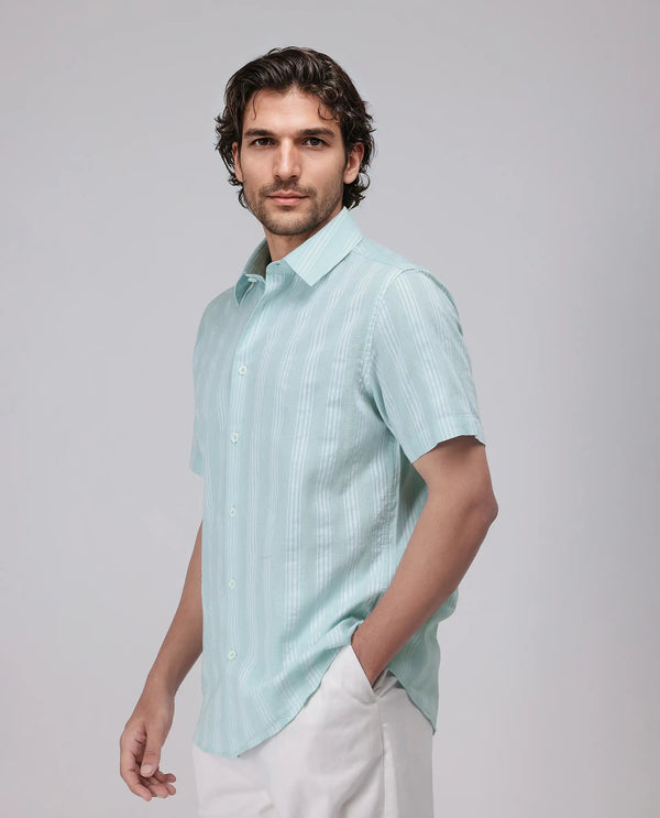 Rare Rabbit Men's Zark Pastel Green Cotton Fabric Short Sleeve Collared Neck Button Closure Striped Shirt