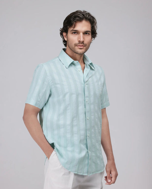 Rare Rabbit Men's Zark Pastel Green Cotton Fabric Short Sleeve Collared Neck Button Closure Striped Shirt