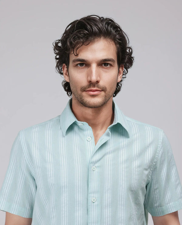 Rare Rabbit Men's Zark Pastel Green Cotton Fabric Short Sleeve Collared Neck Button Closure Striped Shirt