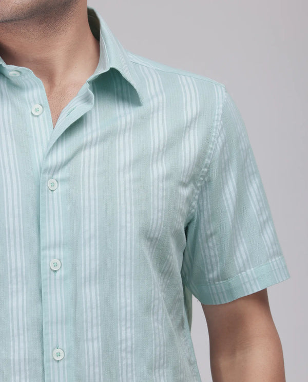 Rare Rabbit Men's Zark Pastel Green Cotton Fabric Short Sleeve Collared Neck Button Closure Striped Shirt
