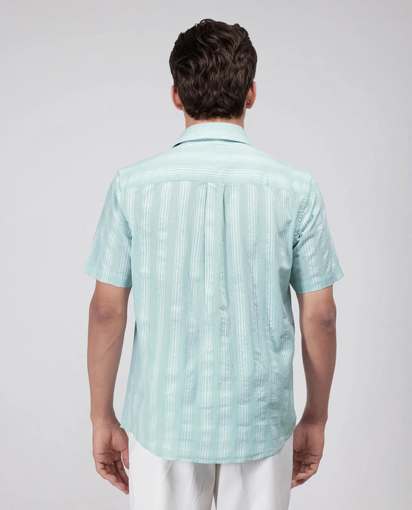 Rare Rabbit Men's Zark Pastel Green Cotton Fabric Short Sleeve Collared Neck Button Closure Striped Shirt