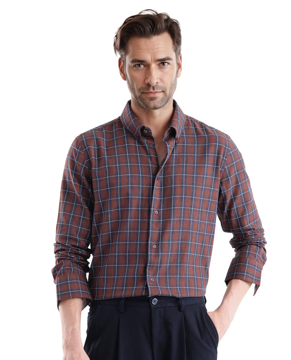 Rare Rabbit Men's Zary Brown Cotton Fabric Full Sleeve Collared Neck Checks Shirt