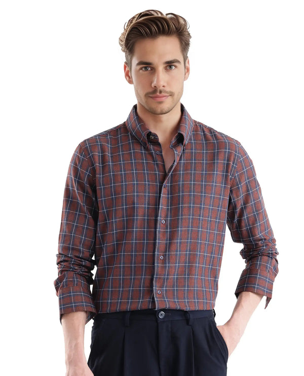 Rare Rabbit Men's Zary Brown Cotton Fabric Full Sleeve Collared Neck Checks Shirt