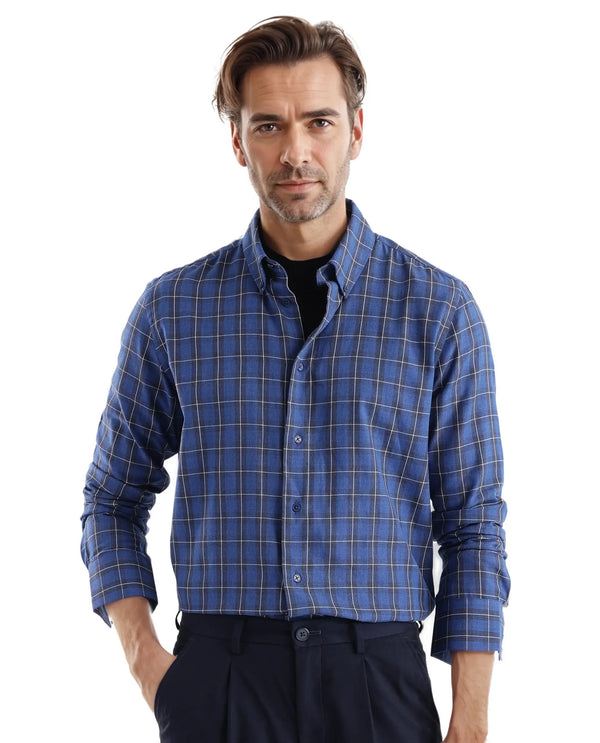 Rare Rabbit Men's Zary Dark Blue Cotton Fabric Full Sleeve Collared Neck Checks Shirt