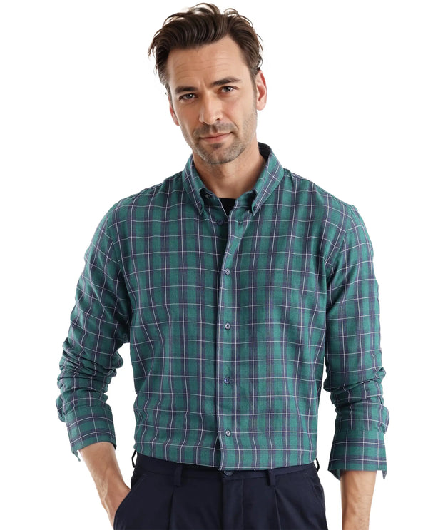 Rare Rabbit Men's Zary Dark Green Cotton Fabric Full Sleeve Collared Neck Checks Shirt