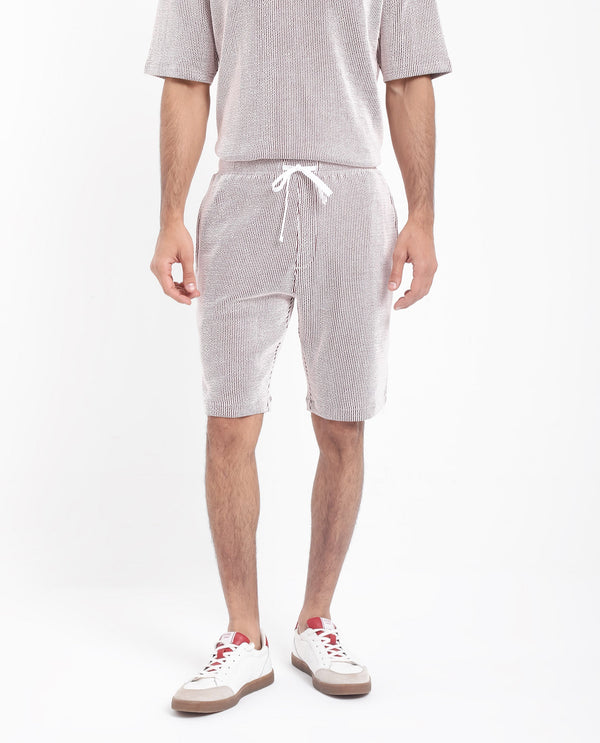 Rare Rabbit Men's Zavet-B Maroon Cotton Polyester Fabric Knee Length Regular Fit Self Stripe Textured Shorts
