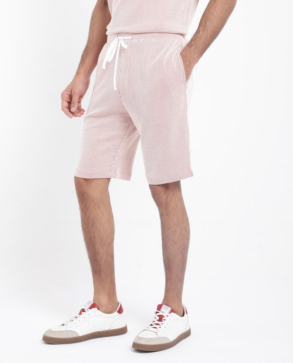 Rare Rabbit Men's Zavet-B Rust Cotton Polyester Fabric Knee Length Regular Fit Self Stripe Textured Shorts
