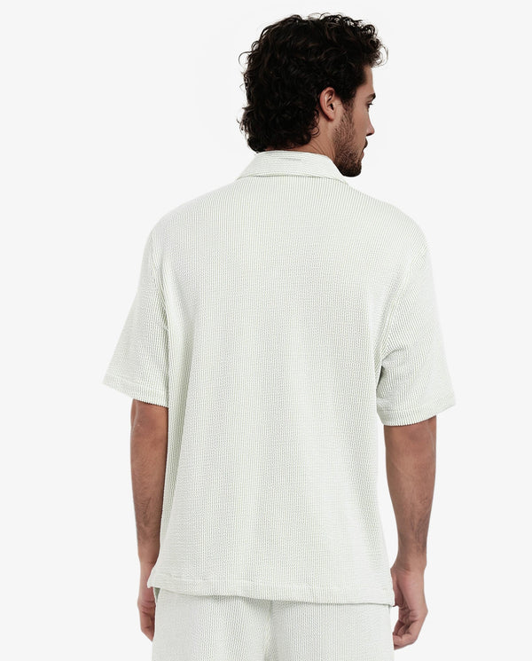 Rare Rabbit Men's Zavet-S Light Green Cotton Polyester Fabric Short Sleeves Cuban Collar Boxy Fit Self Stripe Textured Shirt