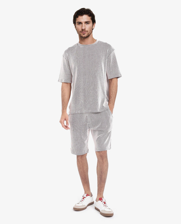 Rare Rabbit Men's Zavet-T Maroon Cotton Polyester Fabric Short Sleeves Crew Neck Oversized Fit Self Stripe Textured T-Shirt