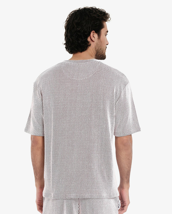 Rare Rabbit Men's Zavet-T Maroon Cotton Polyester Fabric Short Sleeves Crew Neck Oversized Fit Self Stripe Textured T-Shirt
