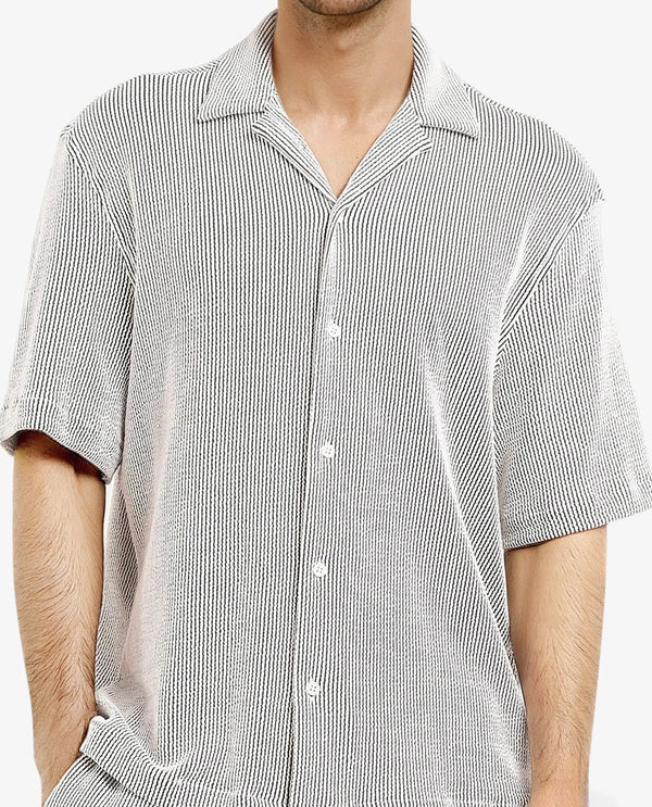 Rare Rabbit Men's Zavet-S Black Cotton Polyester Fabric Short Sleeves Cuban Collar Boxy Fit Self Stripe Textured Shirt