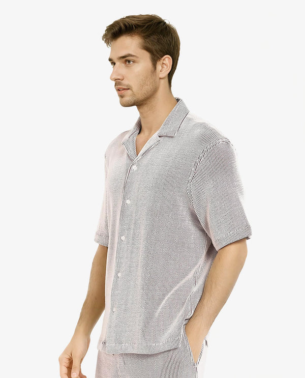 Rare Rabbit Men's Zavet-S Maroon Cotton Polyester Fabric Short Sleeves Cuban Collar Boxy Fit Self Stripe Textured Shirt