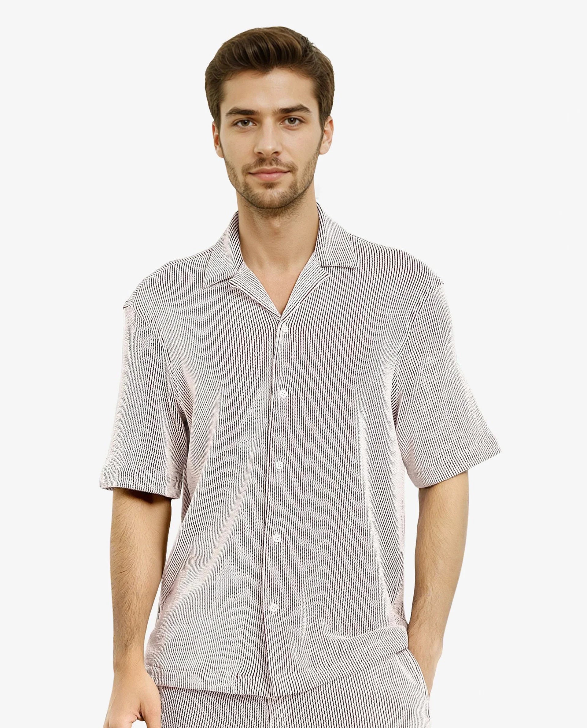 Rare Rabbit Men's Zavet-S Maroon Cotton Polyester Fabric Short Sleeves Cuban Collar Boxy Fit Self Stripe Textured Shirt