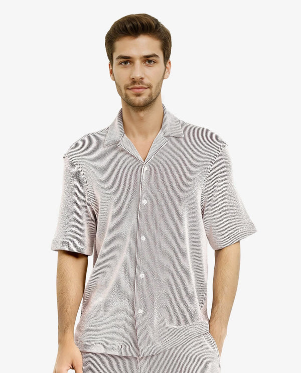 Rare Rabbit Men's Zavet-S Maroon Cotton Polyester Fabric Short Sleeves Cuban Collar Boxy Fit Self Stripe Textured Shirt