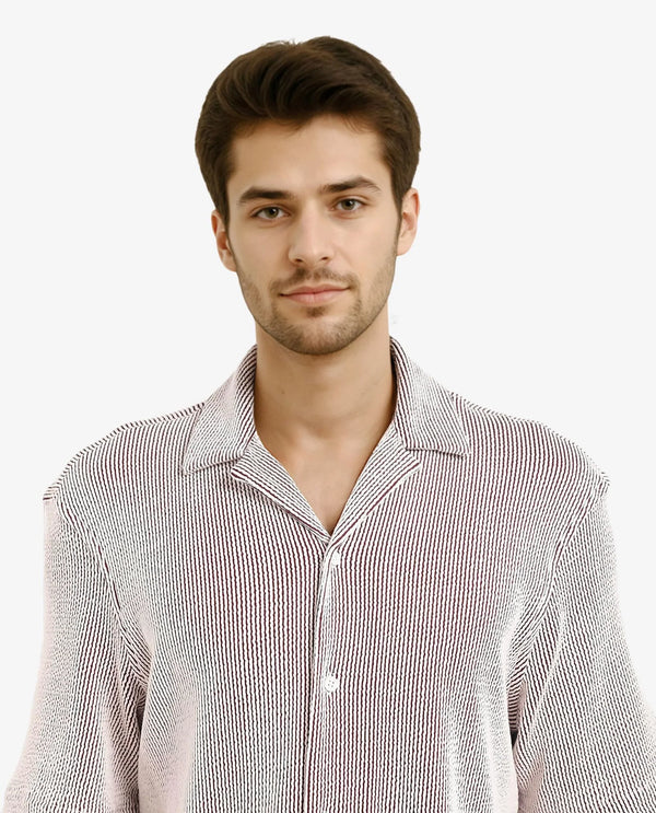 Rare Rabbit Men's Zavet-S Maroon Cotton Polyester Fabric Short Sleeves Cuban Collar Boxy Fit Self Stripe Textured Shirt