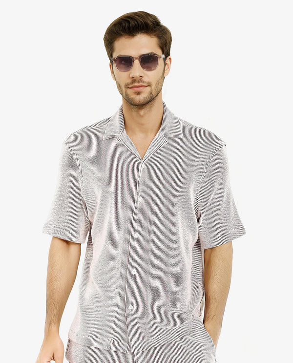 Rare Rabbit Men's Zavet-S Maroon Cotton Polyester Fabric Short Sleeves Cuban Collar Boxy Fit Self Stripe Textured Shirt