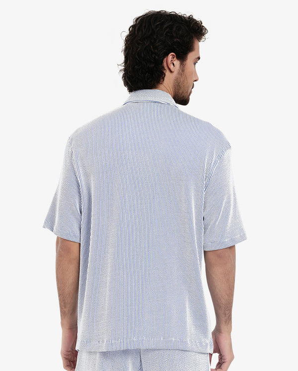 Rare Rabbit Men's Zavet-S Blue Cotton Polyester Fabric Short Sleeves Cuban Collar Boxy Fit Self Stripe Textured Shirt