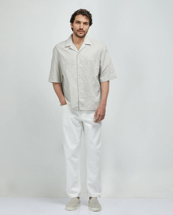 Rare Rabbit Men's Zeal Khaki Cotton Fabric Short Sleeve Cuban Collar Oversized Embroidered Shirt
