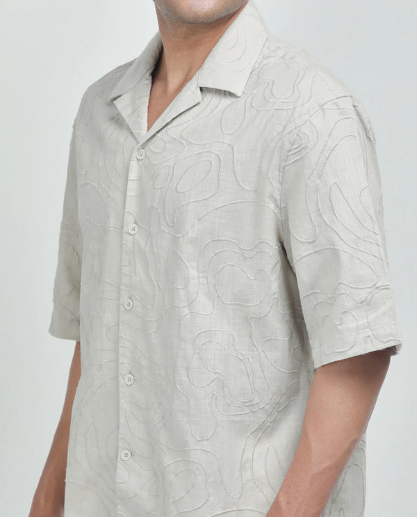 Rare Rabbit Men's Zeal Khaki Cotton Fabric Short Sleeve Cuban Collar Oversized Embroidered Shirt