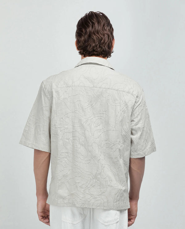 Rare Rabbit Men's Zeal Khaki Cotton Fabric Short Sleeve Cuban Collar Oversized Embroidered Shirt