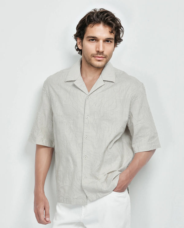 Rare Rabbit Men's Zeal Khaki Cotton Fabric Short Sleeve Cuban Collar Oversized Embroidered Shirt