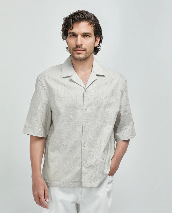 Rare Rabbit Men's Zeal Khaki Cotton Fabric Short Sleeve Cuban Collar Oversized Embroidered Shirt