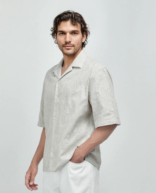 Rare Rabbit Men's Zeal Khaki Cotton Fabric Short Sleeve Cuban Collar Oversized Embroidered Shirt