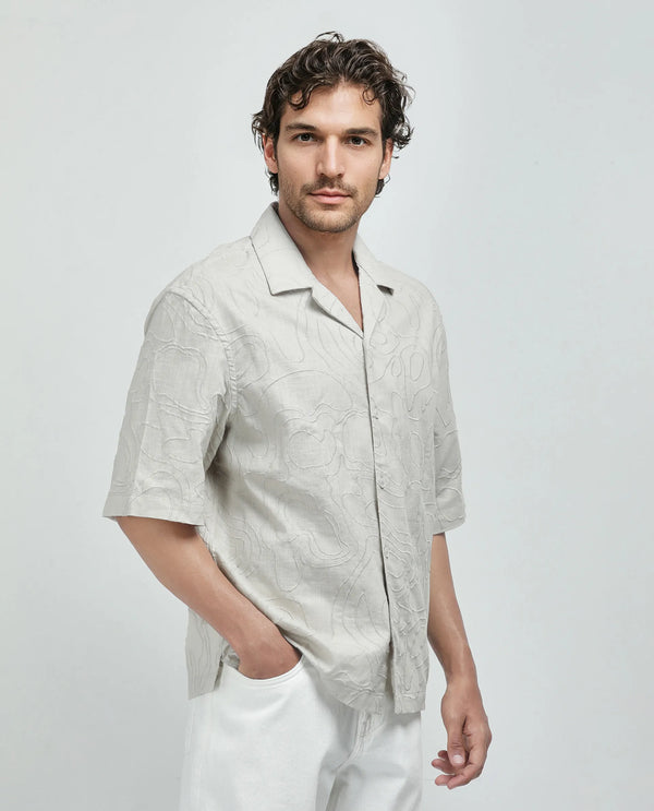 Rare Rabbit Men's Zeal Khaki Cotton Fabric Short Sleeve Cuban Collar Oversized Embroidered Shirt