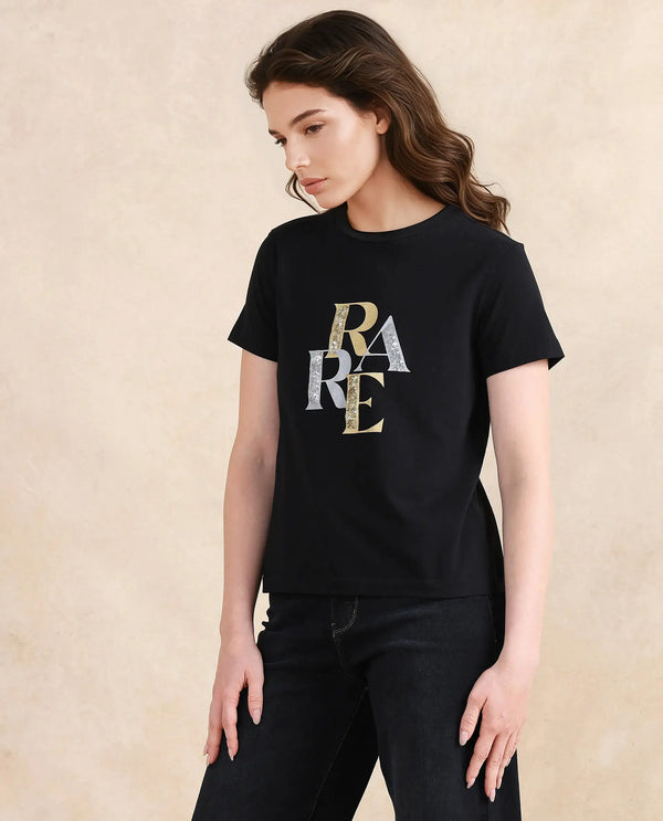 Rareism Women Zebec Black Cotton Blend Fabric Short Sleeve Crew Neck Graphic Print T-Shirt
