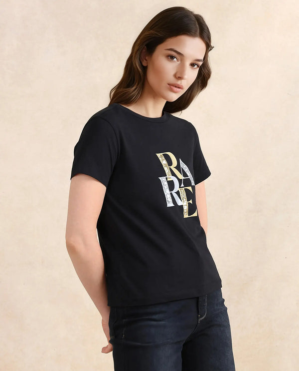Rareism Women Zebec Black Cotton Blend Fabric Short Sleeve Crew Neck Graphic Print T-Shirt