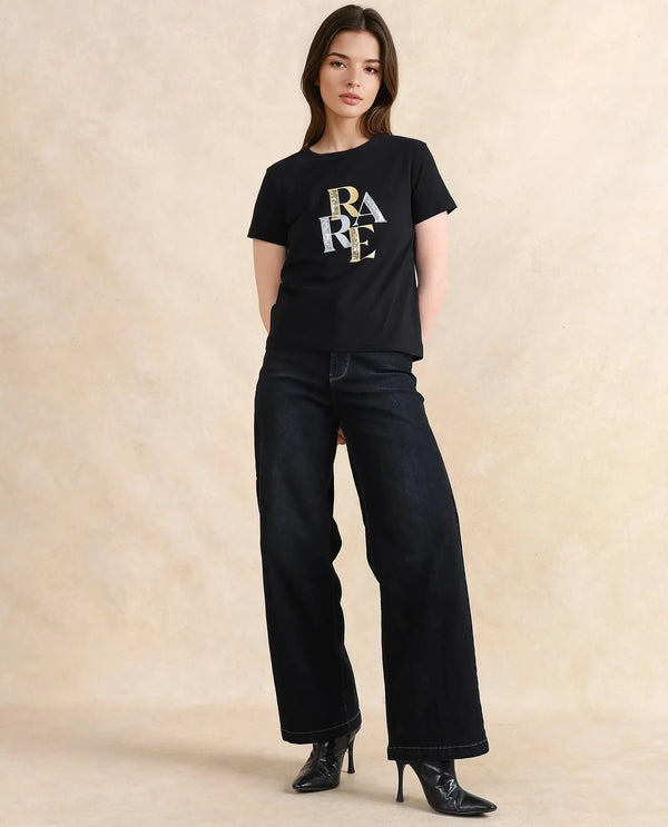Rareism Women Zebec Black Cotton Blend Fabric Short Sleeve Crew Neck Graphic Print T-Shirt