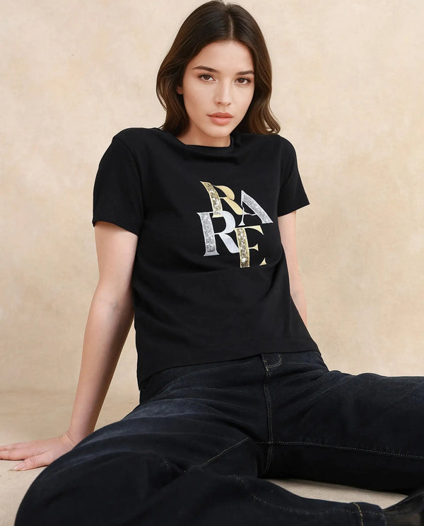 Rareism Women Zebec Black Cotton Blend Fabric Short Sleeve Crew Neck Graphic Print T-Shirt
