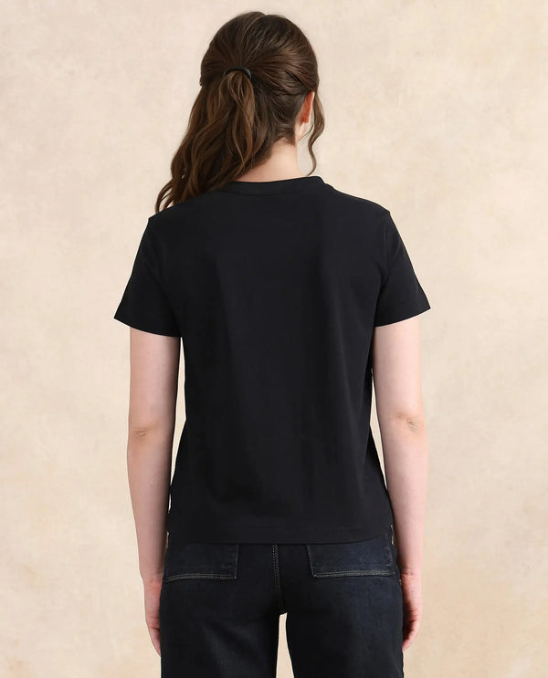 Rareism Women Zebec Black Cotton Blend Fabric Short Sleeve Crew Neck Graphic Print T-Shirt