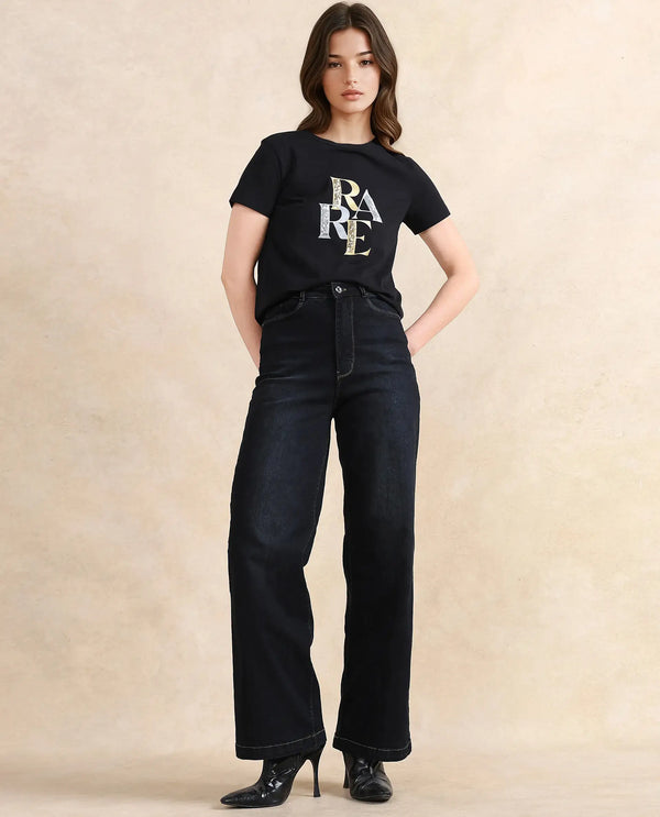 Rareism Women Zebec Black Cotton Blend Fabric Short Sleeve Crew Neck Graphic Print T-Shirt