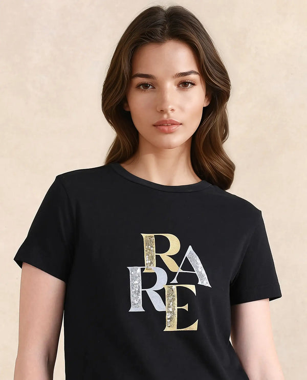 Rareism Women Zebec Black Cotton Blend Fabric Short Sleeve Crew Neck Graphic Print T-Shirt