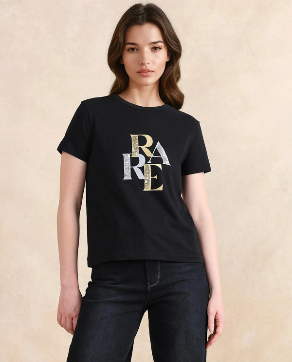 Rareism Women Zebec Black Cotton Blend Fabric Short Sleeve Crew Neck Graphic Print T-Shirt