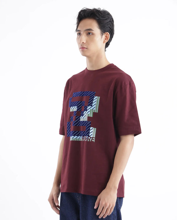 Rare Rabbit Men Zee's Maroon Cotton Fabric Short Sleeve Crew Neck Oversized Fit Graphic Print T-Shirt