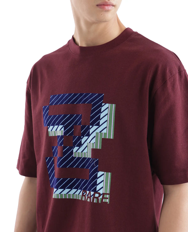 Rare Rabbit Men Zee's Maroon Cotton Fabric Short Sleeve Crew Neck Oversized Fit Graphic Print T-Shirt
