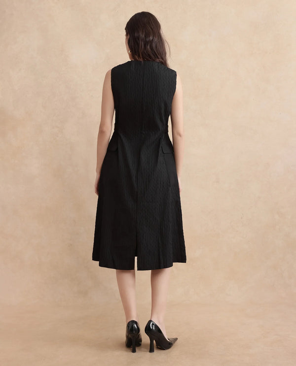 Rareism Women's Zelina Black Cotton Blend Fabric Round Neck Zipper Closure Sleeveless Striped A-Line Knee Length Dress
