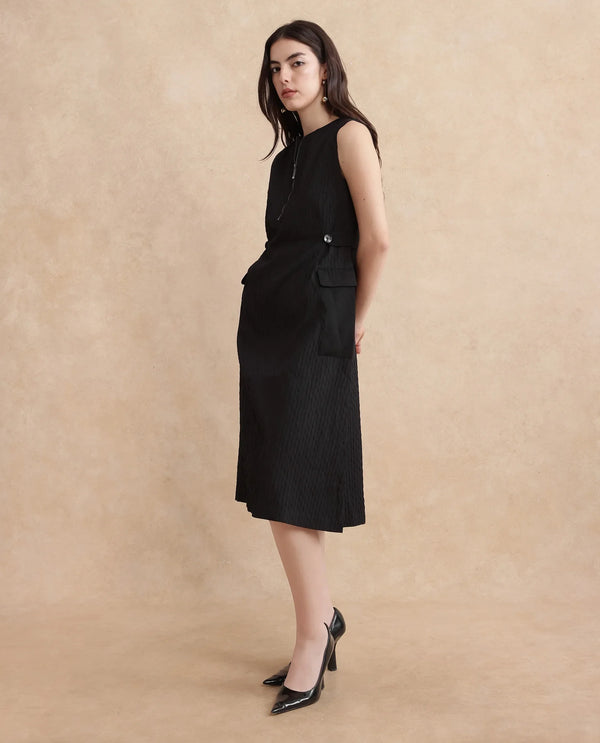 Rareism Women's Zelina Black Cotton Blend Fabric Round Neck Zipper Closure Sleeveless Striped A-Line Knee Length Dress