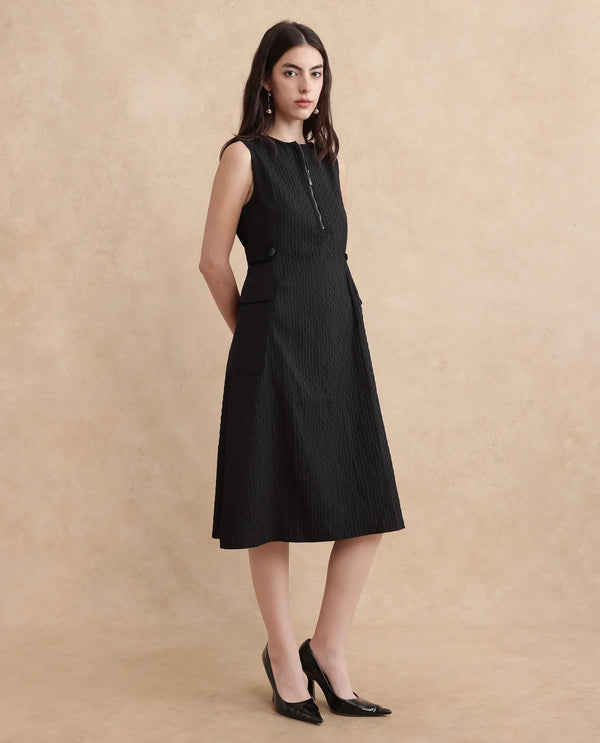 Rareism Women's Zelina Black Cotton Blend Fabric Round Neck Zipper Closure Sleeveless Striped A-Line Knee Length Dress
